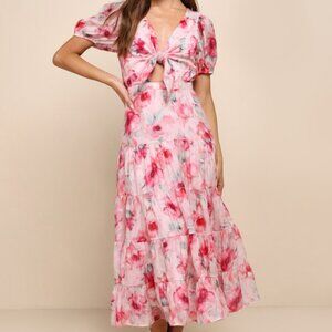 Lulus Darling Event Pink Floral Print Tiered Tie-front Midi Dress - Size XS